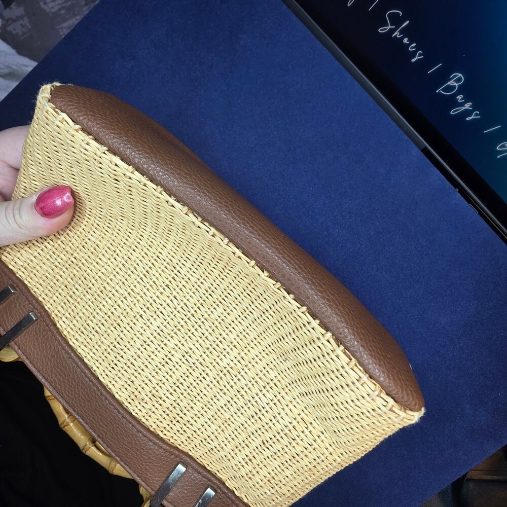 Sunny Hawaii Straw Mini Tote Bamboo Handles Tan Brown 9x5x2.5" 1H - Picture 8 of 10